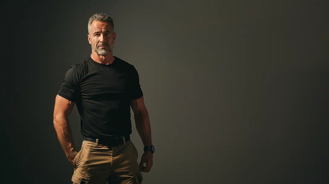 Athletically built executive protection agent standing in a dark room wearing black T-shirt and 501 tactical pants