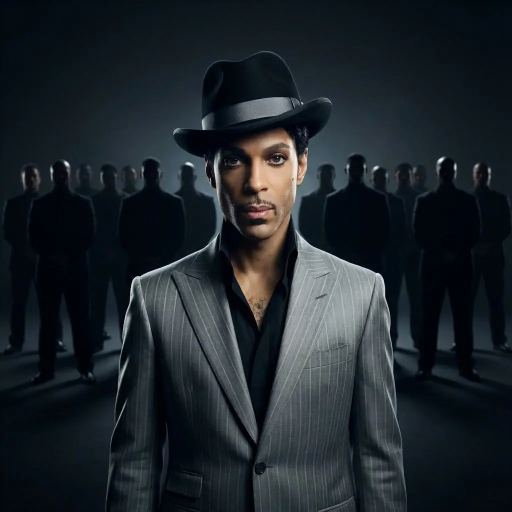 Prince standing in the foreground with silhouetted personal bodyguards positioned behind him in shadow