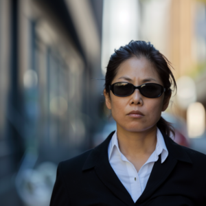 Asian female bodyguard standing post outside wearing dark sunglasses