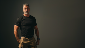 Athletically built executive protection agent standing in a dark room wearing black T-shirt and 501 tactical pants