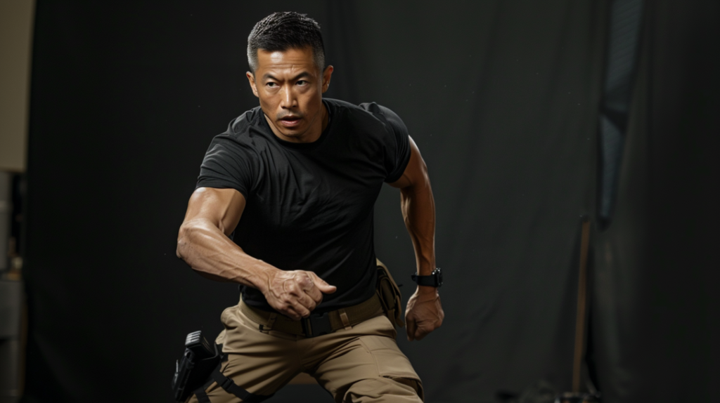 40-year-old Asian male in a black T-shirt and tan 501 tactical pants running