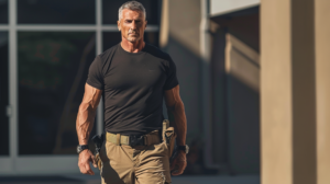 An image of an athletically built 55-year-old Caucasian male in a black T-shirt and tan 501 tactical pants