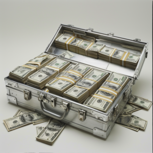 The image presents a striking close-up of a metal briefcase brimming with bundles of US currency. The bills are all 100-dollar denominates, neatly banded together, and fill the case to near capacity.