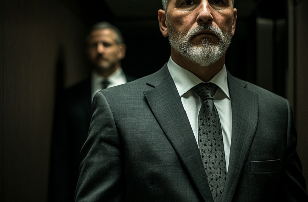 An Executive protection agent standing in an elevator behind his client