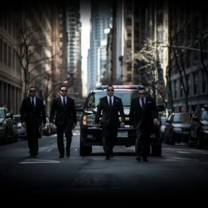 Three Secret Service agents walking next to a black Chevrolet Suburban