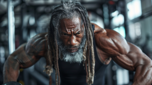 
 a mature African American male doing push-ups 
