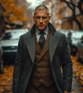 A caucasian male executive protection specialist standing in the middle of the street Wearing a trench coat on a fall day 