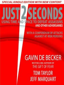 Cover of 'Just 2 Seconds,' featuring the book's title in bold, impactful font, symbolizing the critical timeframe in executive protection scenarios discussed within. The design visually represents the themes of urgency, precision, and the strategic use of time and space to defeat adversaries, as explored in this comprehensive guide to personal and VIP security.