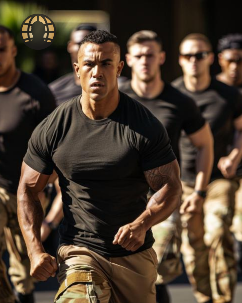 A diverse group of potential bodyguards doing tactical training exercises; they're all wearing tan tactical 501 pants and black t-shirts, all have muscular athletic builds