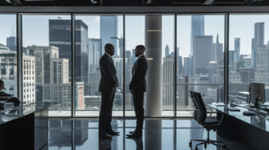 Executive Protection Marketing Services, a sleek, modern office setting with bodyguards in sharp suits, discussing strategies over high-tech equipment, city skyline in the background through large windows, the focus on professionalism and cutting-edge technology.
