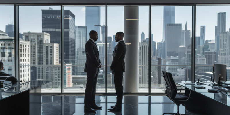 Executive Protection Marketing Services, a sleek, modern office setting with bodyguards in sharp suits, discussing strategies over high-tech equipment, city skyline in the background through large windows, the focus on professionalism and cutting-edge technology.