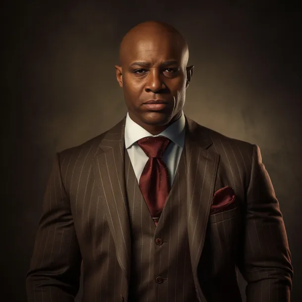 Picture of an African American male wearing brown pinstripe suit with a red tie, very athletic