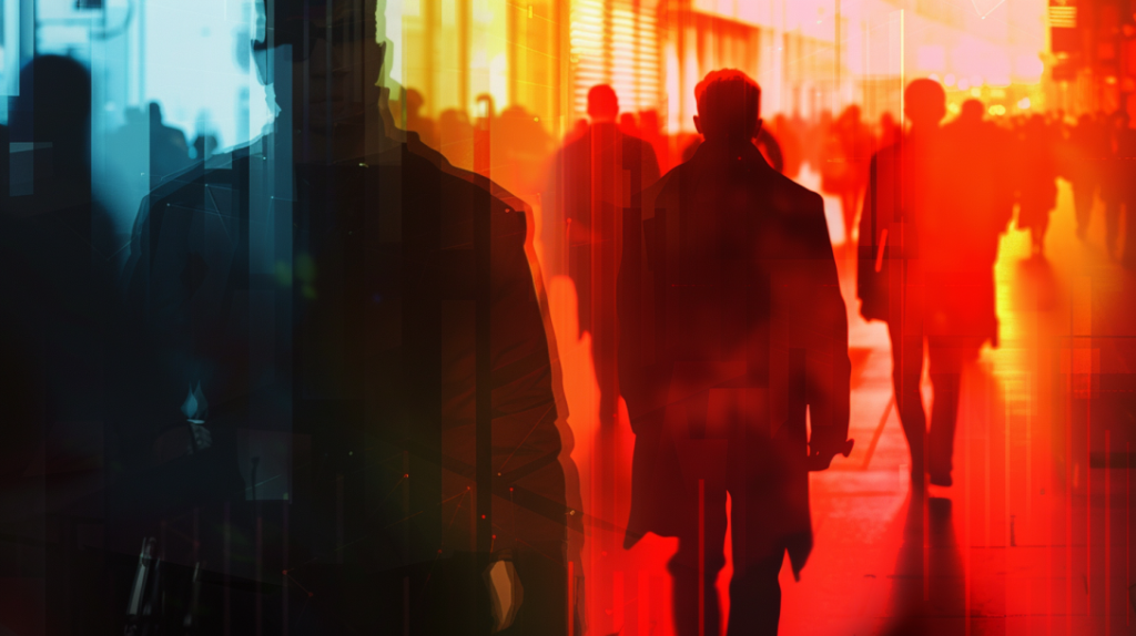 This illustration abstractly shows the concept of discreet executive protection, with shadowy figures blending into a crowd, subtly indicating a protective presence in an urban environment.